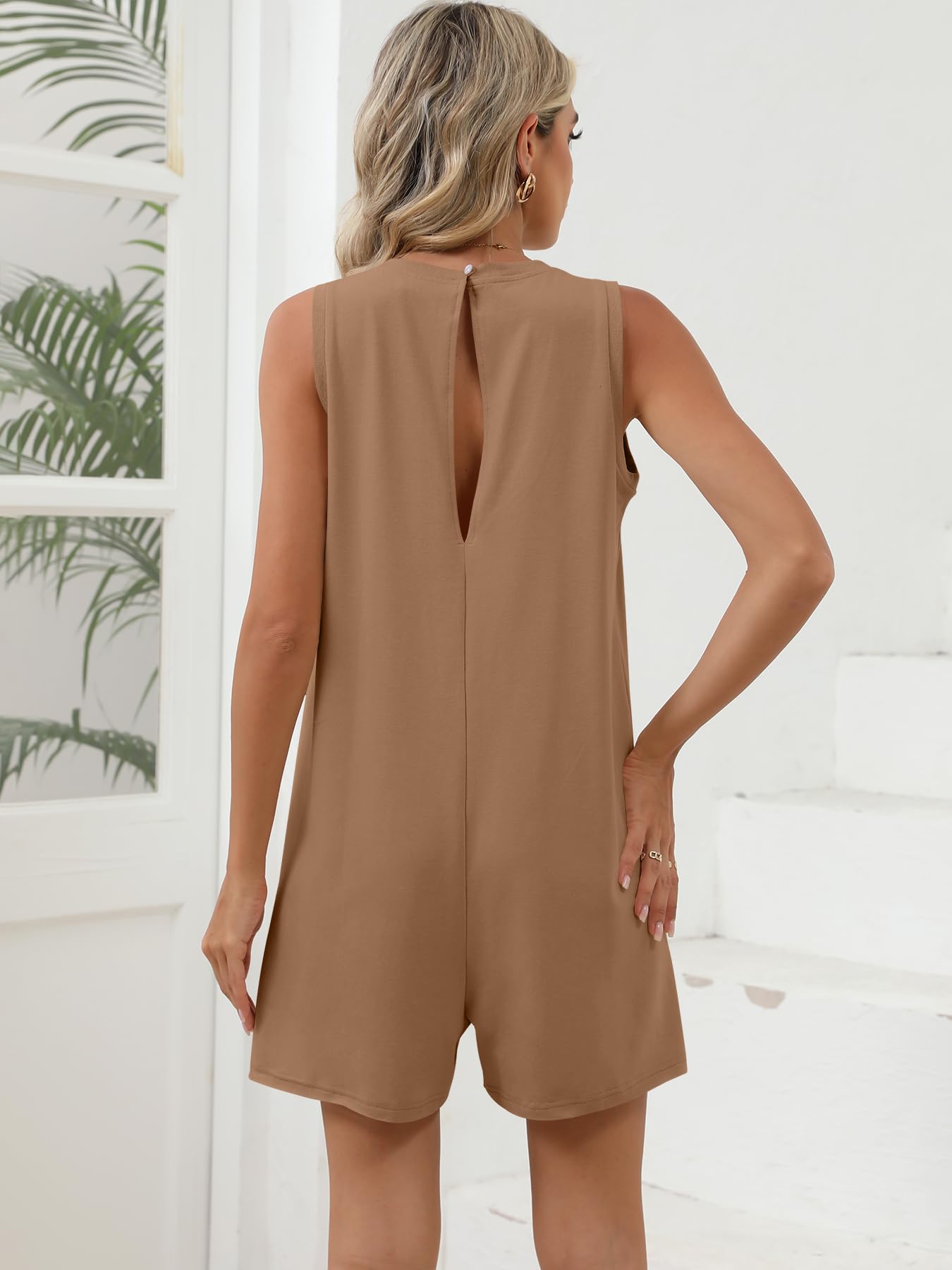 Womens Romper Casual Loose Sleeveless 2025 Summer One Piece Outfit Crewneck Short Jumpsuit Overall Outfits & Pockets