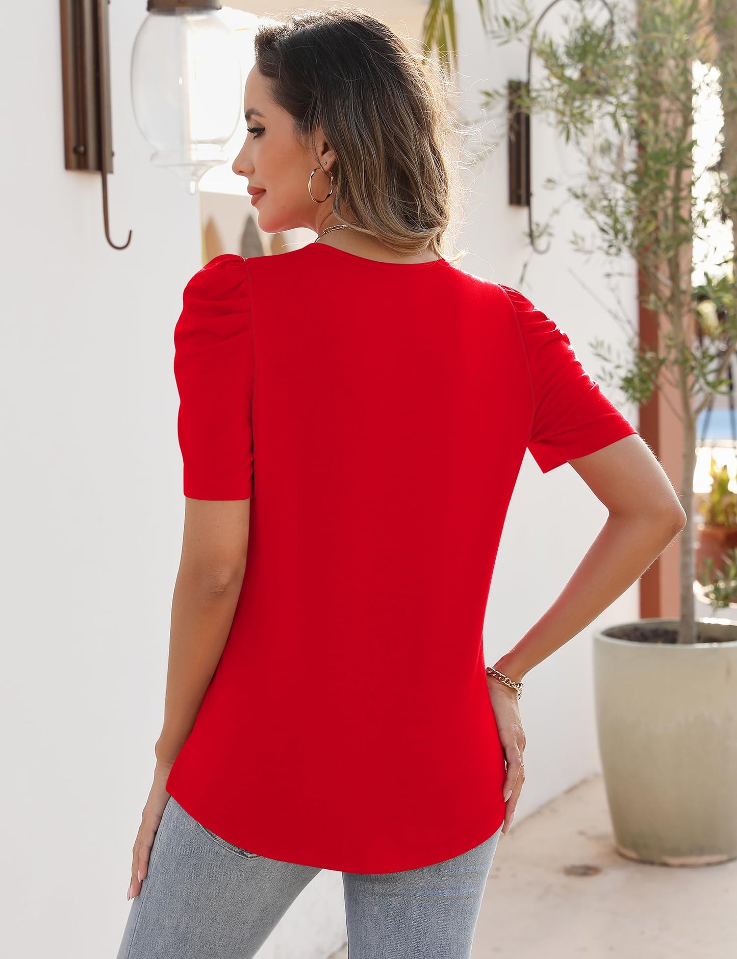 Rapbin Womens Summer Tops 2025 Puff Short Sleeve V Neck T Shirts Dressy Casual Spring Blouses for Women