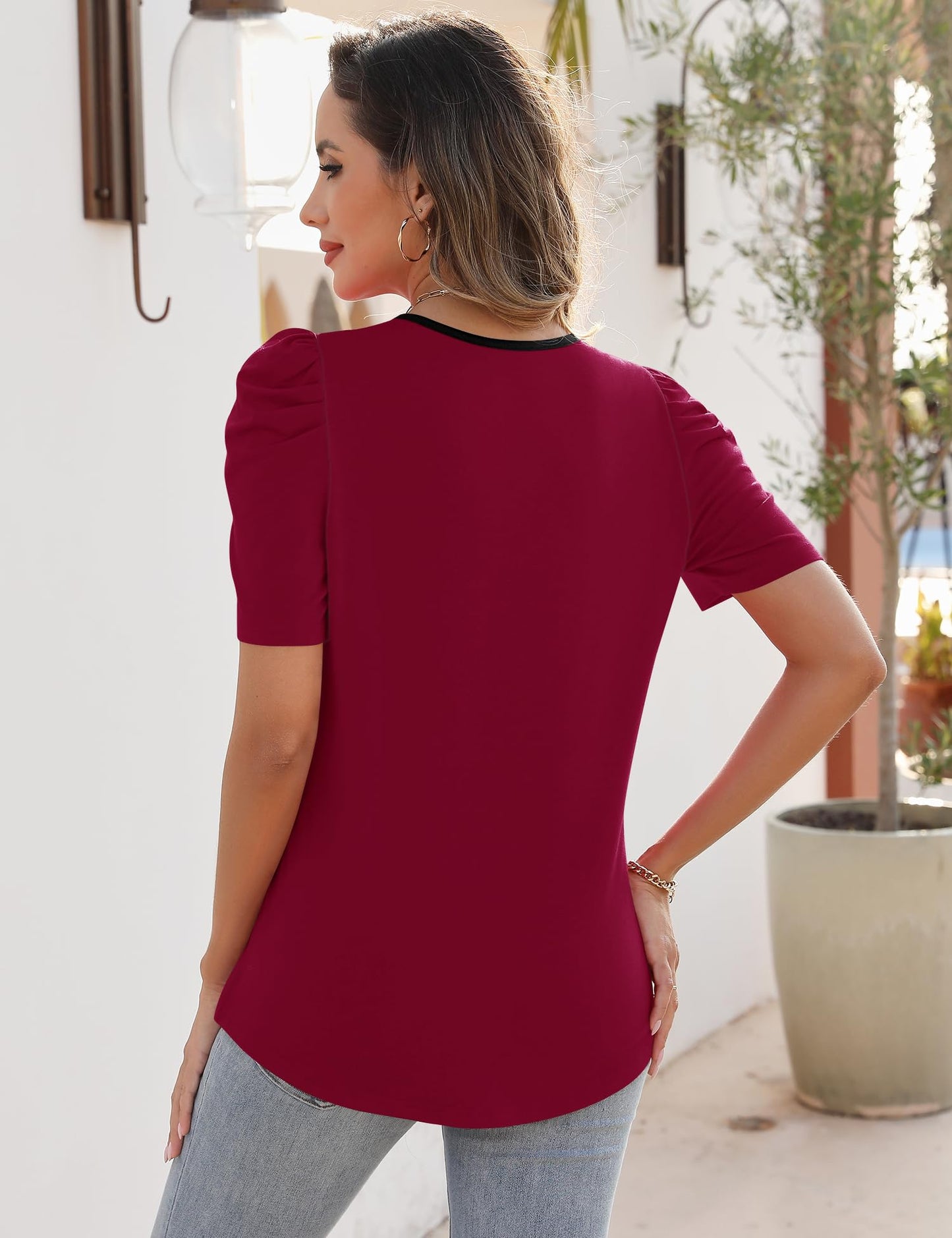 Rapbin Womens Summer Tops 2025 Puff Short Sleeve V Neck T Shirts Dressy Casual Spring Blouses for Women