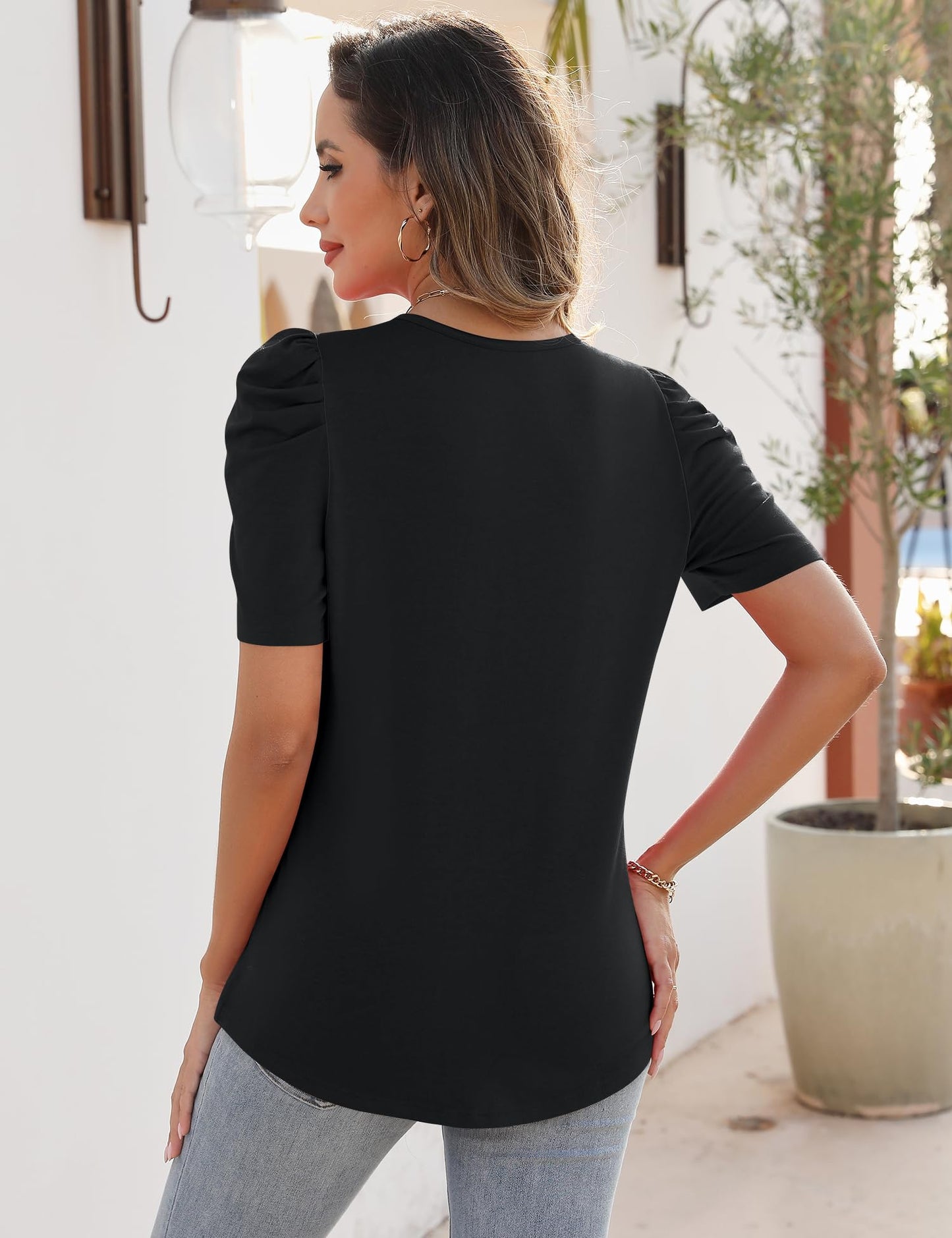 Rapbin Womens Summer Tops 2025 Puff Short Sleeve V Neck T Shirts Dressy Casual Spring Blouses for Women