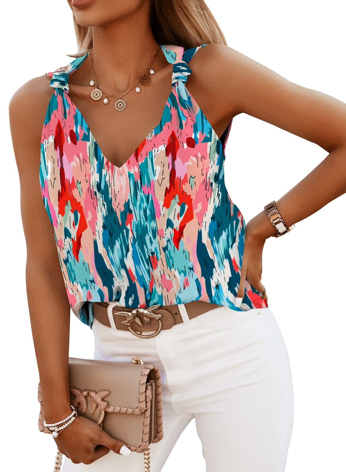 Womens Casual Fashion Tanks Tops V Neck Knotted Detail Tank Tops Sleeveless Blouses Shirts