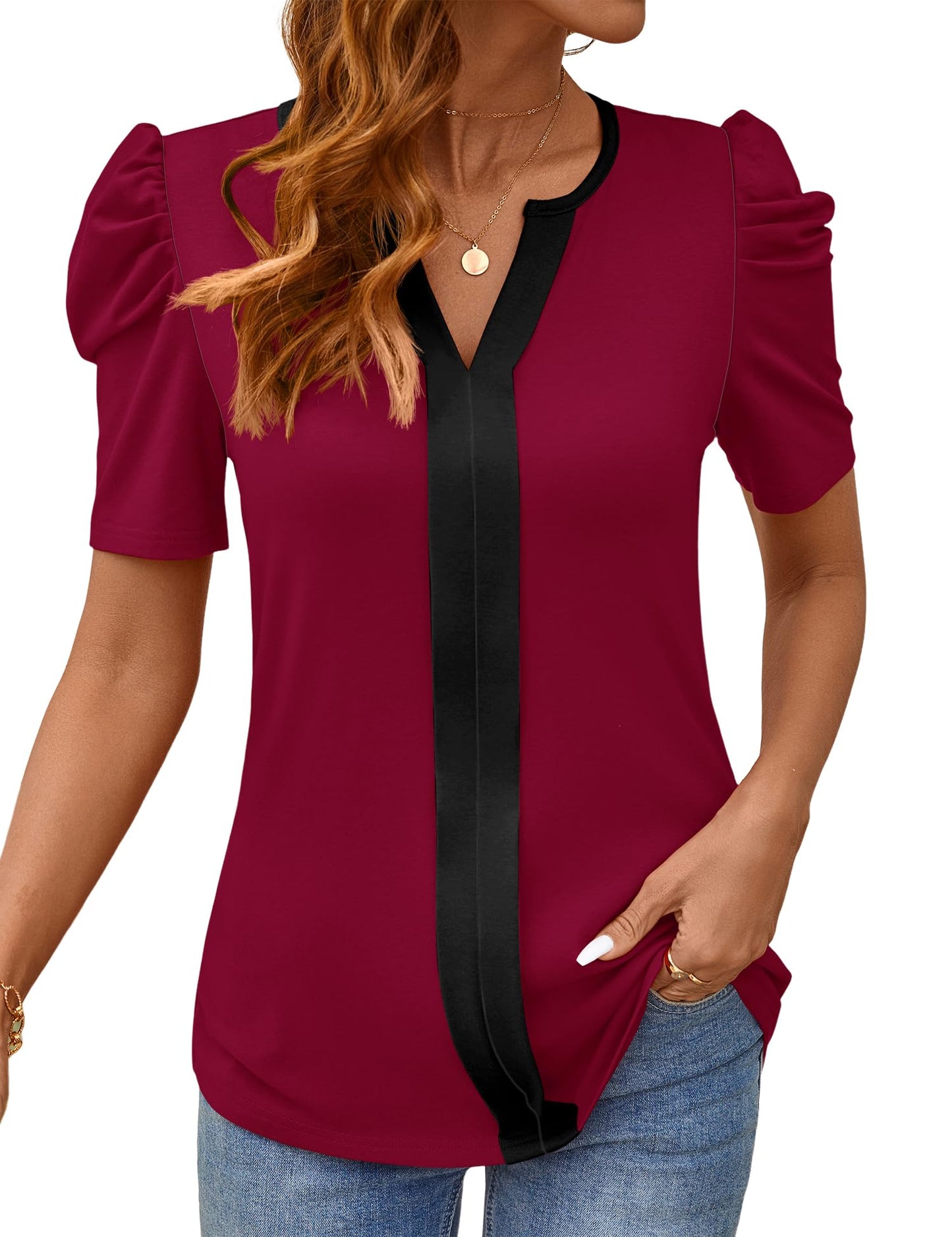 Rapbin Womens Summer Tops 2025 Puff Short Sleeve V Neck T Shirts Dressy Casual Spring Blouses for Women