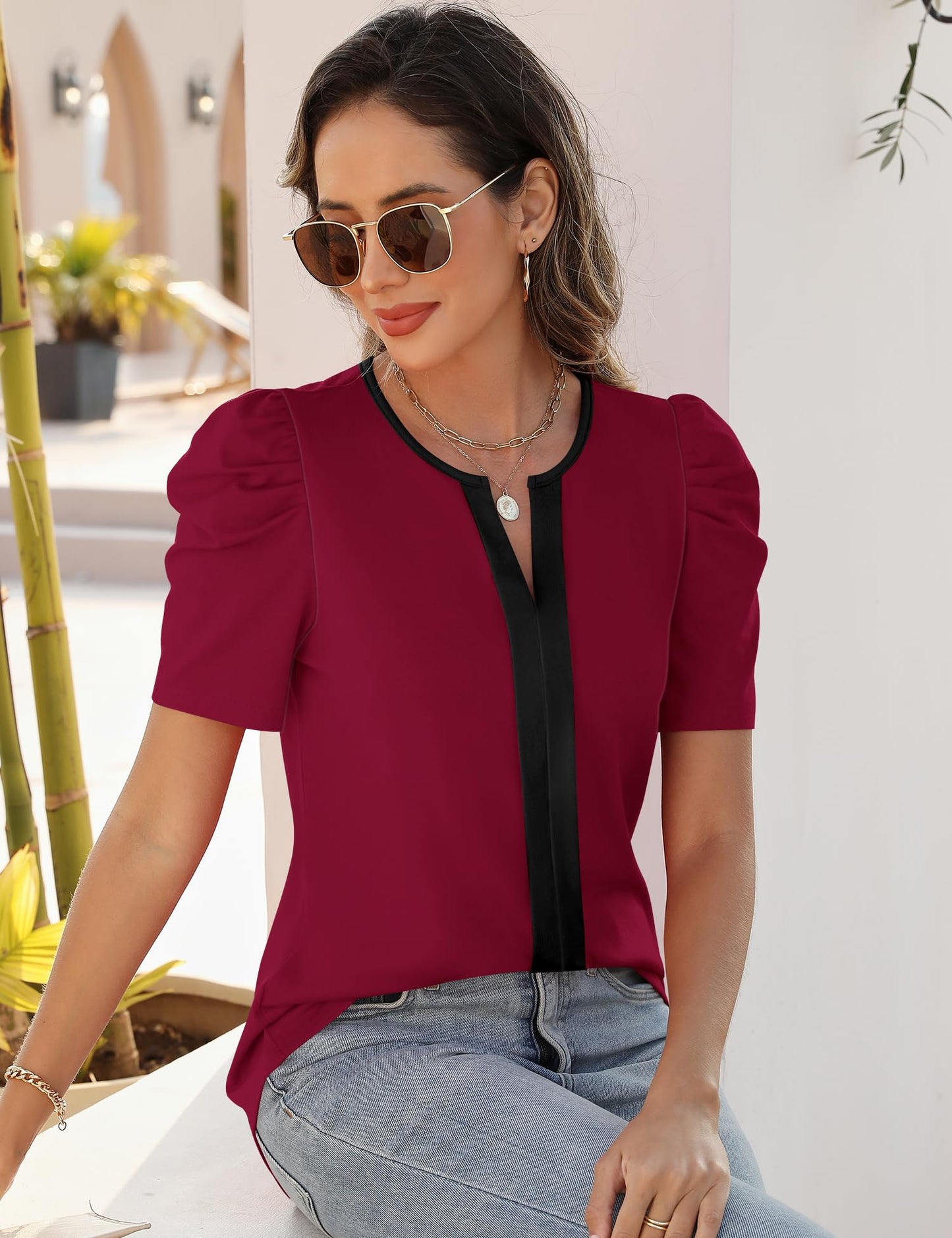 Rapbin Womens Summer Tops 2025 Puff Short Sleeve V Neck T Shirts Dressy Casual Spring Blouses for Women