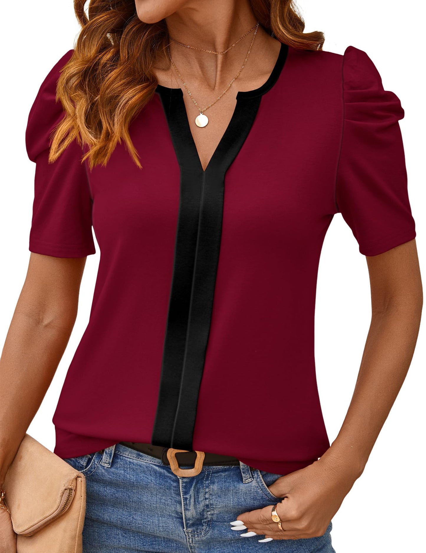 Rapbin Womens Summer Tops 2025 Puff Short Sleeve V Neck T Shirts Dressy Casual Spring Blouses for Women