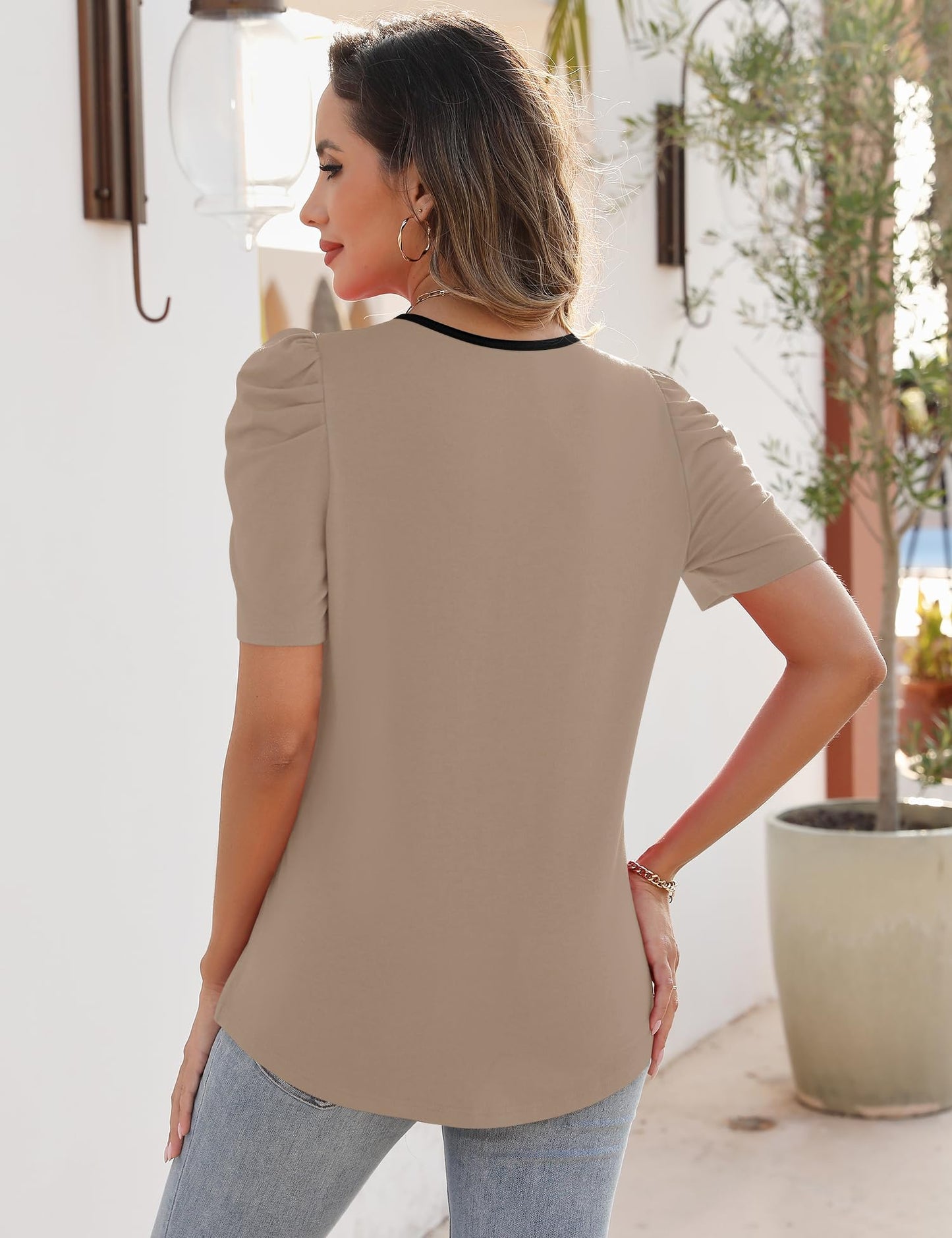 Rapbin Womens Summer Tops 2025 Puff Short Sleeve V Neck T Shirts Dressy Casual Spring Blouses for Women