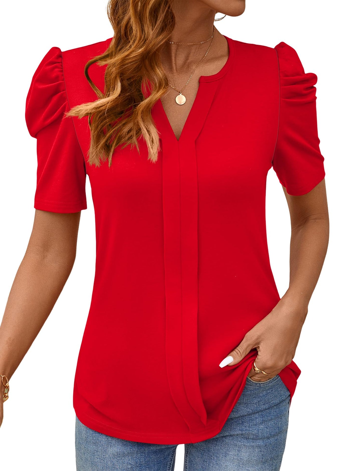 Rapbin Womens Summer Tops 2025 Puff Short Sleeve V Neck T Shirts Dressy Casual Spring Blouses for Women