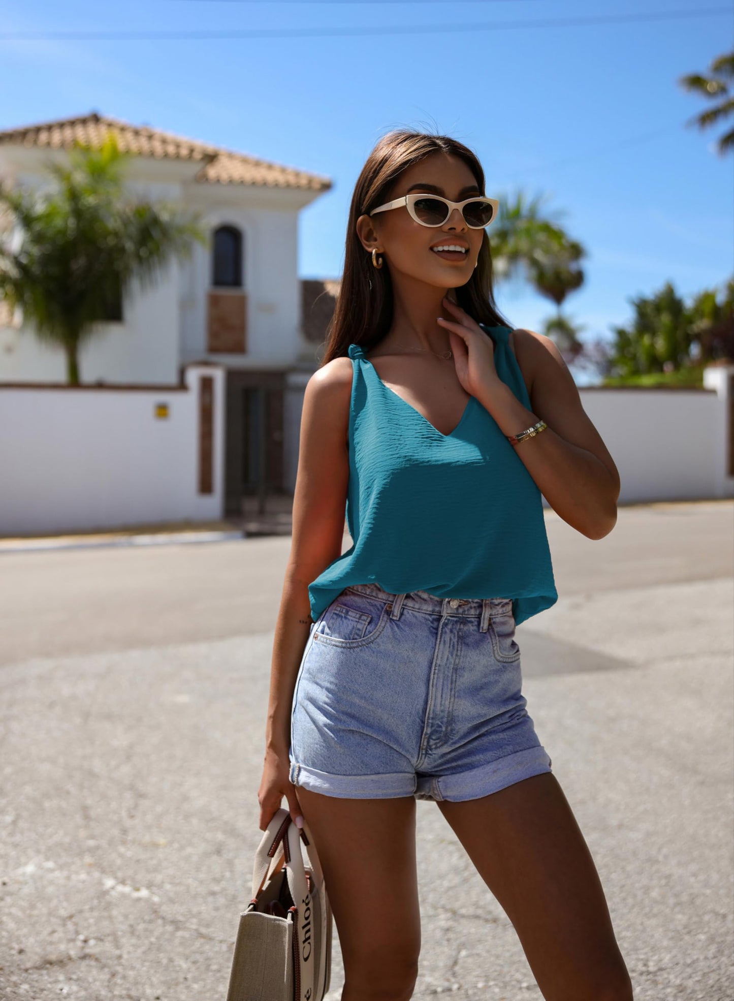 Womens Casual Fashion Tanks Tops V Neck Knotted Detail Tank Tops Sleeveless Blouses Shirts