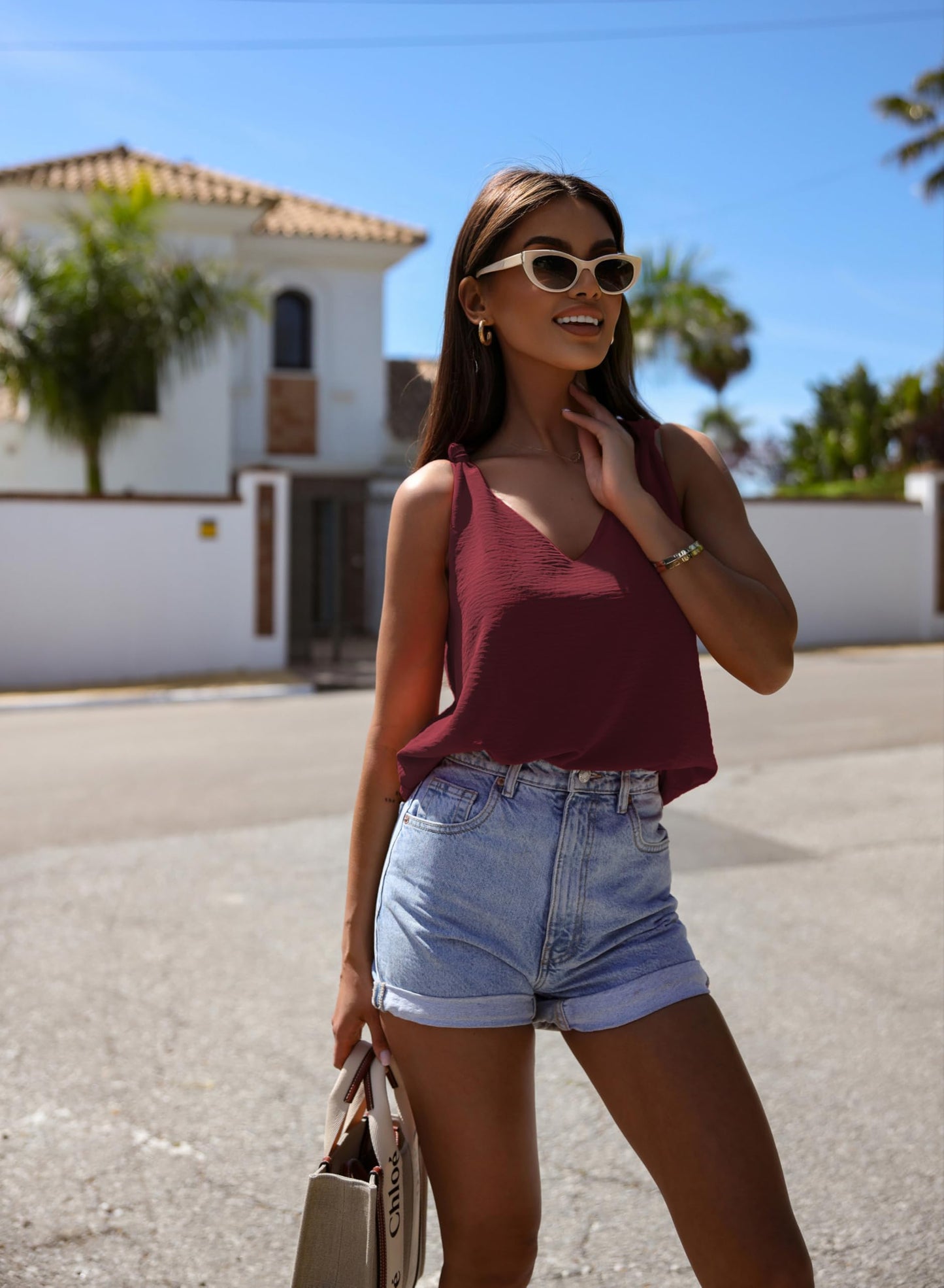 Womens Casual Fashion Tanks Tops V Neck Knotted Detail Tank Tops Sleeveless Blouses Shirts