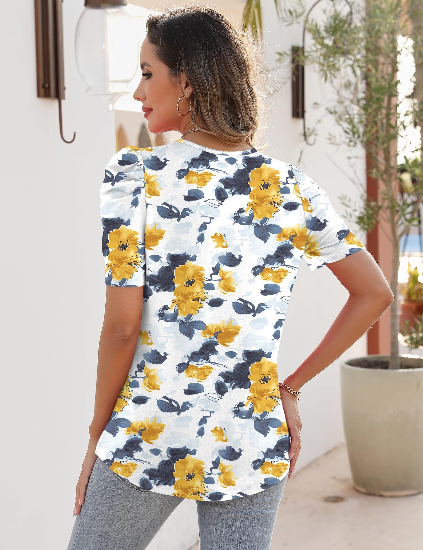 Rapbin Womens Summer Tops 2025 Puff Short Sleeve V Neck T Shirts Dressy Casual Spring Blouses for Women