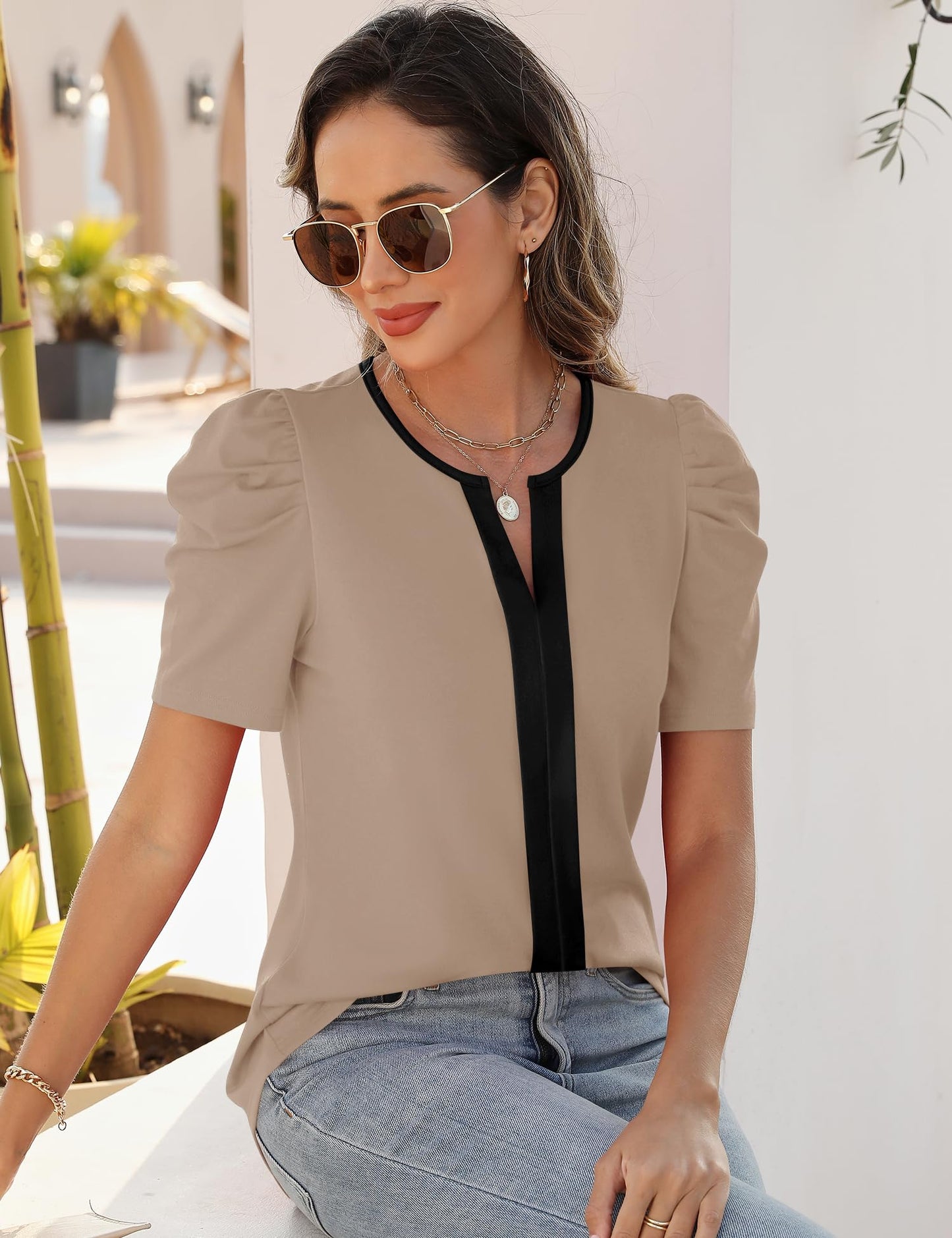 Rapbin Womens Summer Tops 2025 Puff Short Sleeve V Neck T Shirts Dressy Casual Spring Blouses for Women