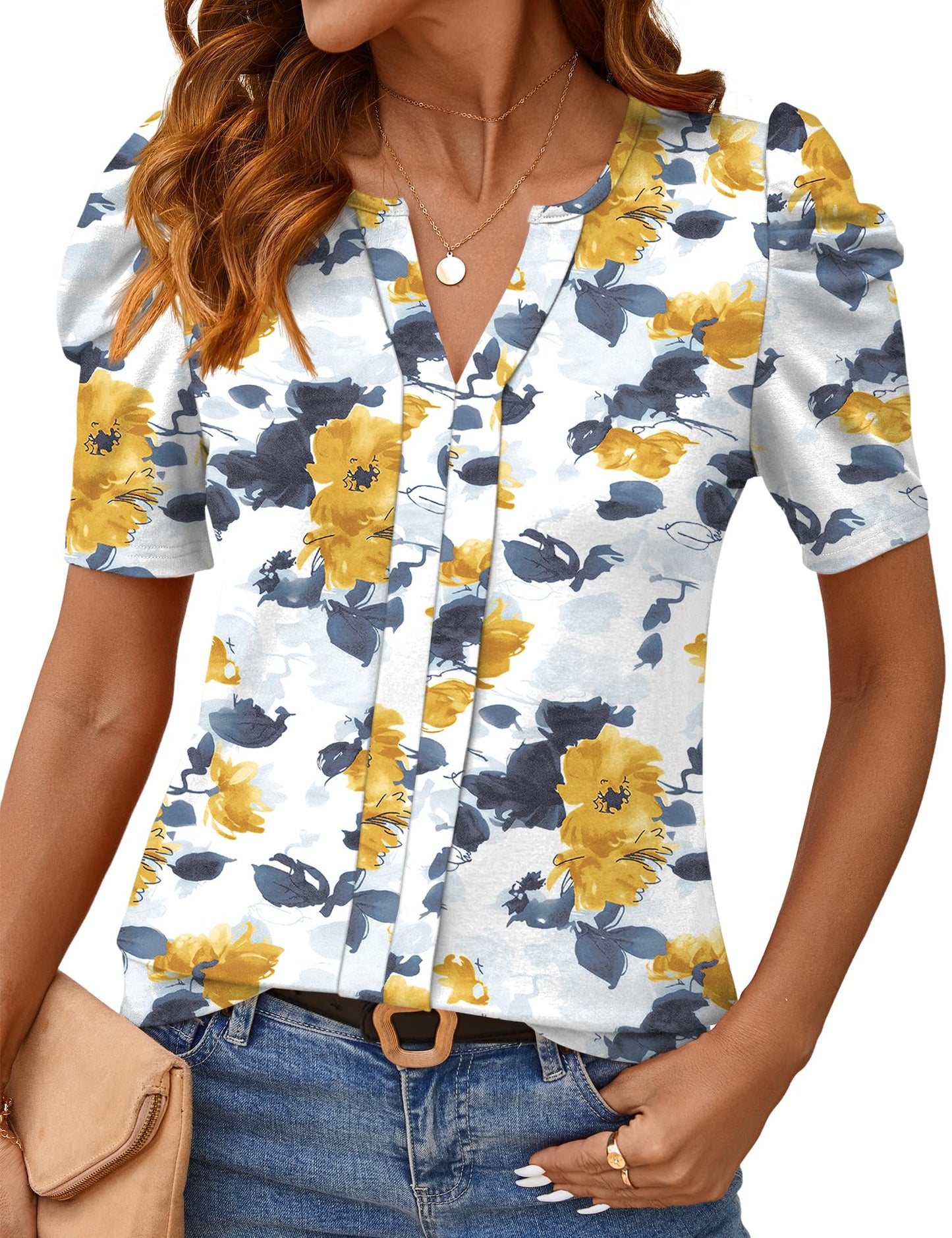 Rapbin Womens Summer Tops 2025 Puff Short Sleeve V Neck T Shirts Dressy Casual Spring Blouses for Women