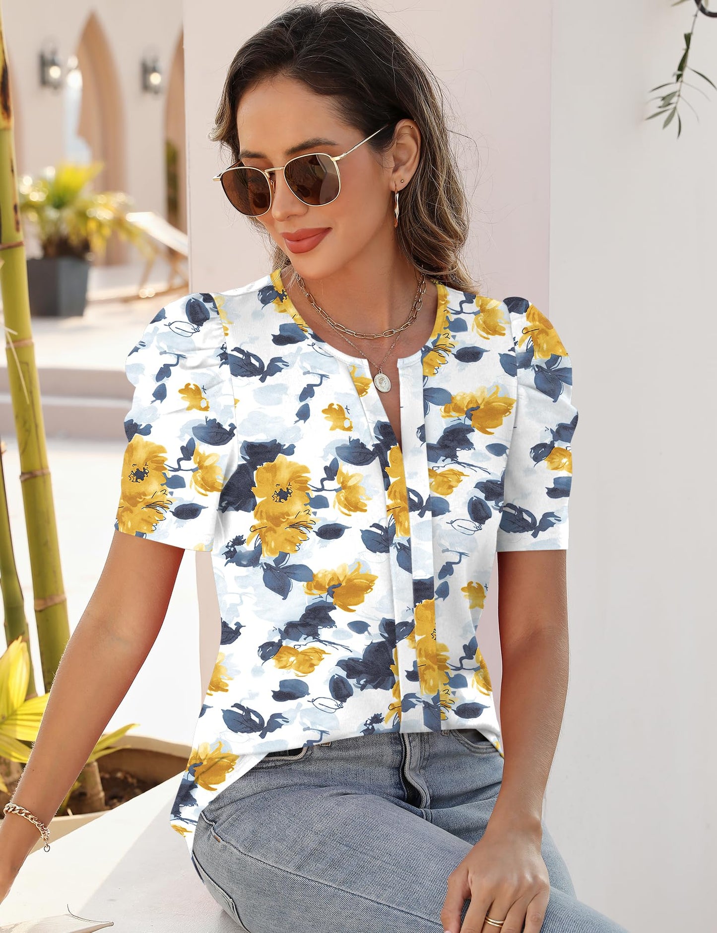 Rapbin Womens Summer Tops 2025 Puff Short Sleeve V Neck T Shirts Dressy Casual Spring Blouses for Women