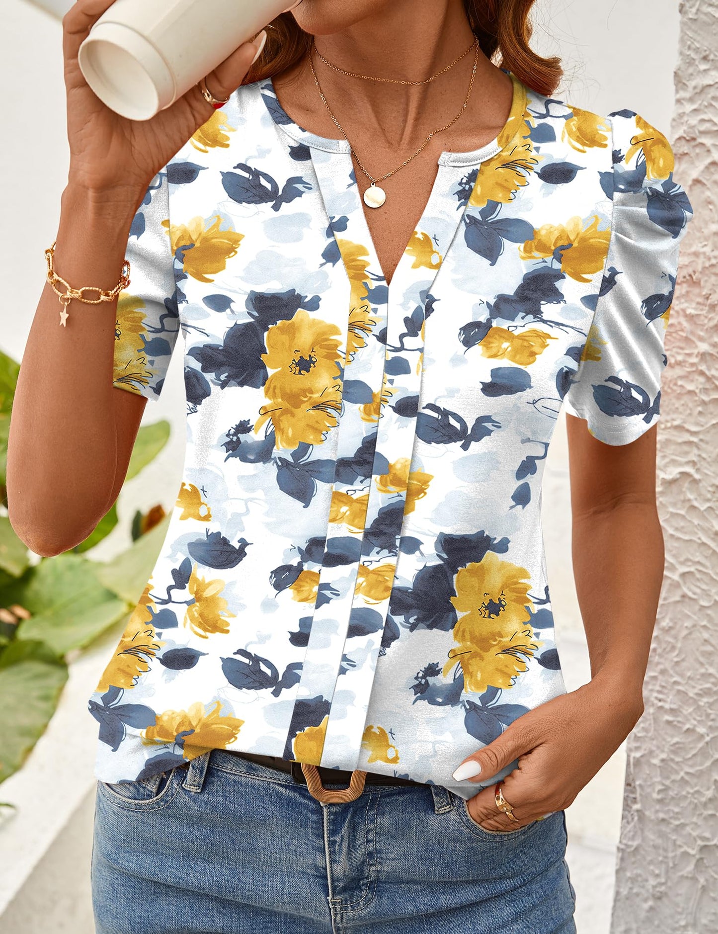 Rapbin Womens Summer Tops 2025 Puff Short Sleeve V Neck T Shirts Dressy Casual Spring Blouses for Women