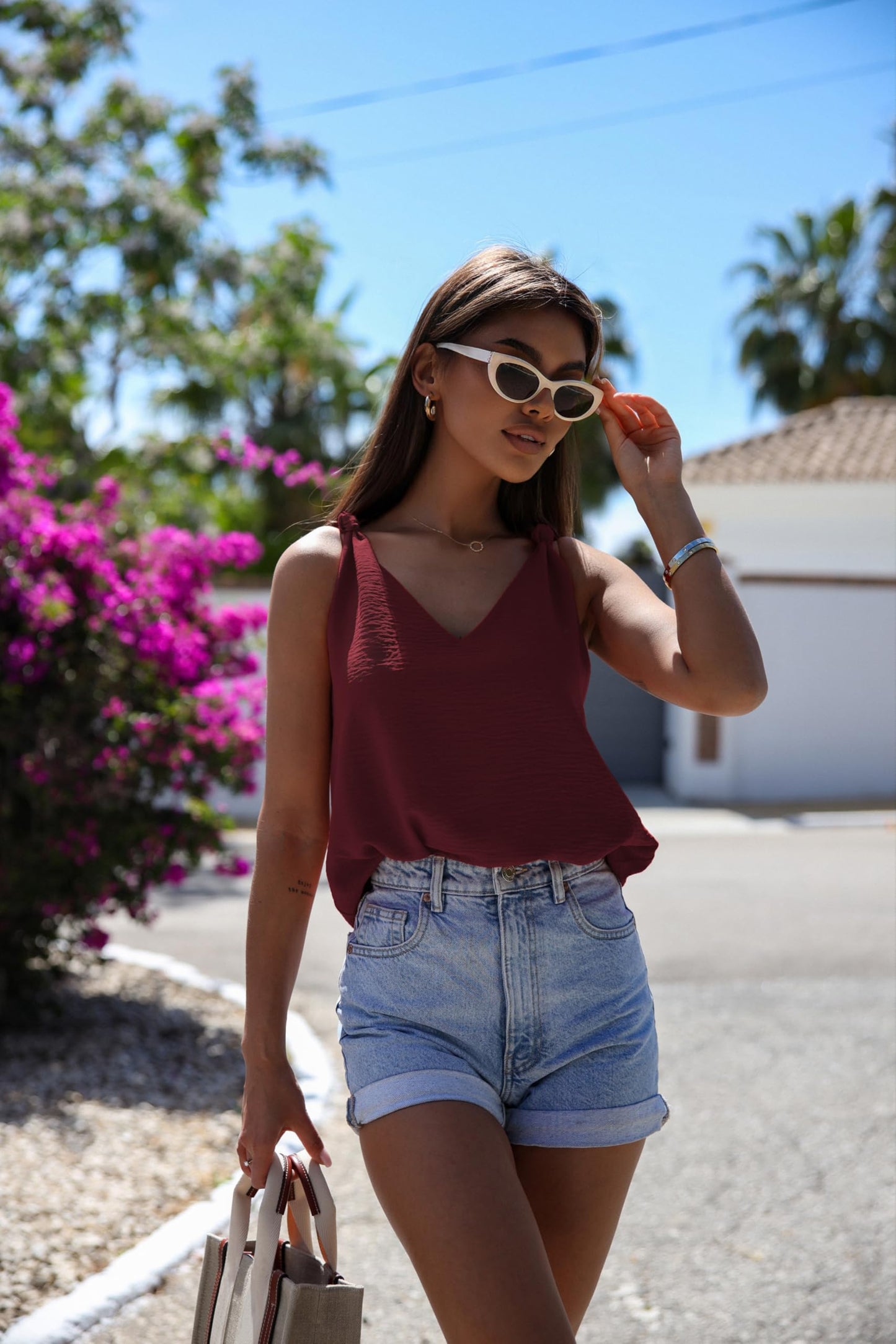 Womens Casual Fashion Tanks Tops V Neck Knotted Detail Tank Tops Sleeveless Blouses Shirts