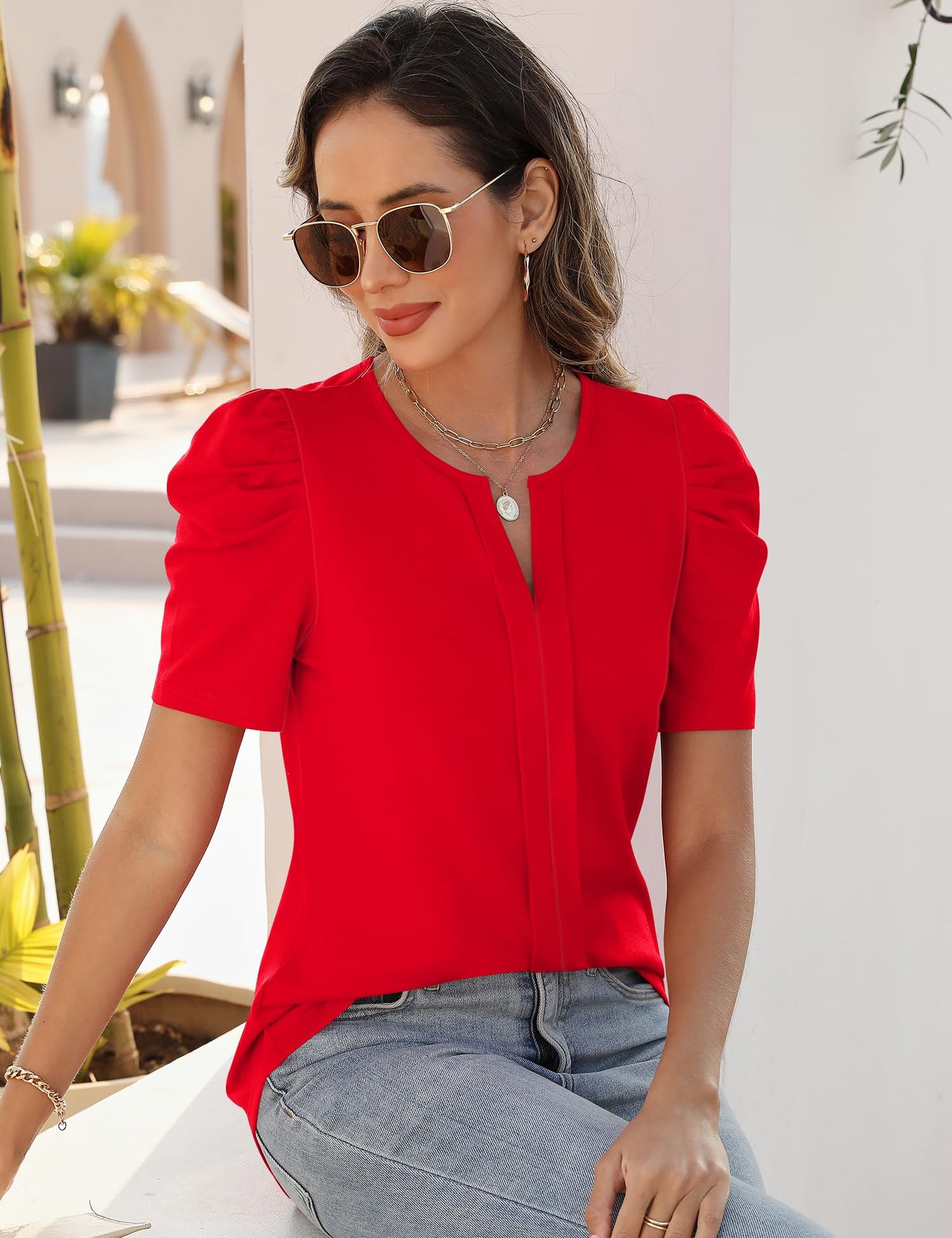 Rapbin Womens Summer Tops 2025 Puff Short Sleeve V Neck T Shirts Dressy Casual Spring Blouses for Women