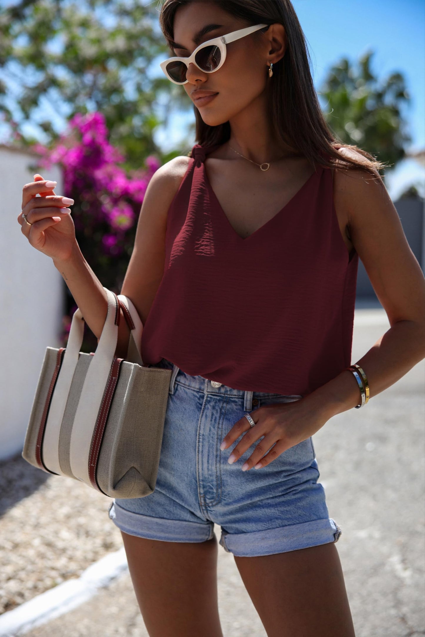 Womens Casual Fashion Tanks Tops V Neck Knotted Detail Tank Tops Sleeveless Blouses Shirts