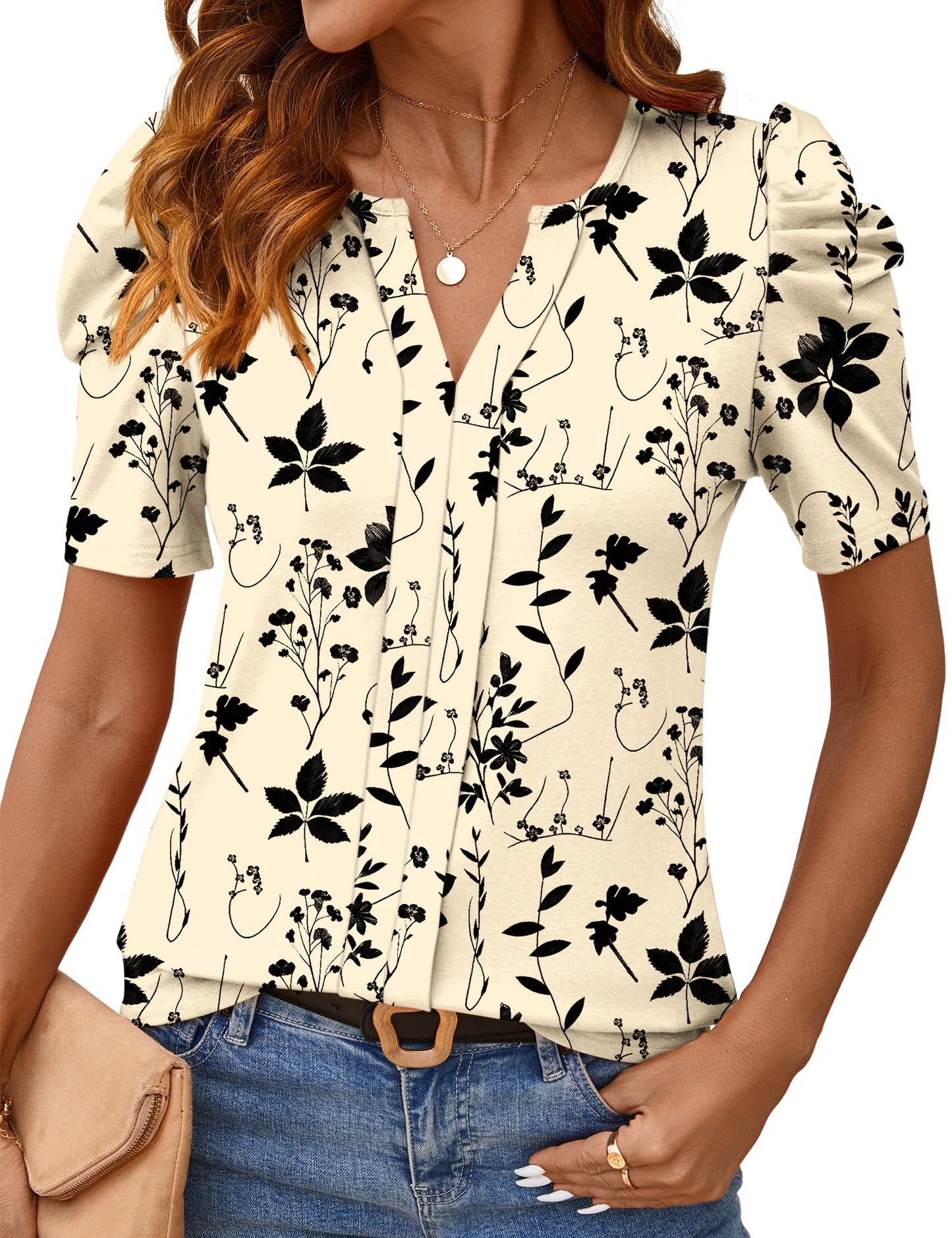 Rapbin Womens Summer Tops 2025 Puff Short Sleeve V Neck T Shirts Dressy Casual Spring Blouses for Women