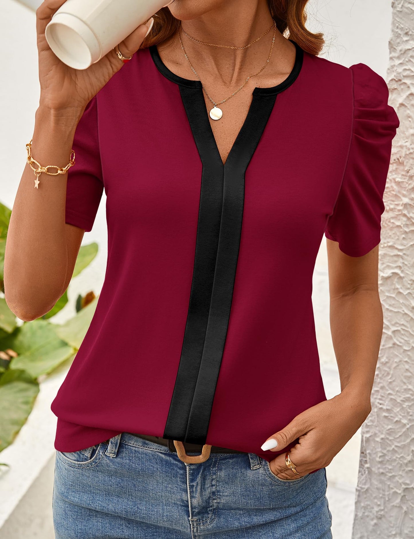 Rapbin Womens Summer Tops 2025 Puff Short Sleeve V Neck T Shirts Dressy Casual Spring Blouses for Women