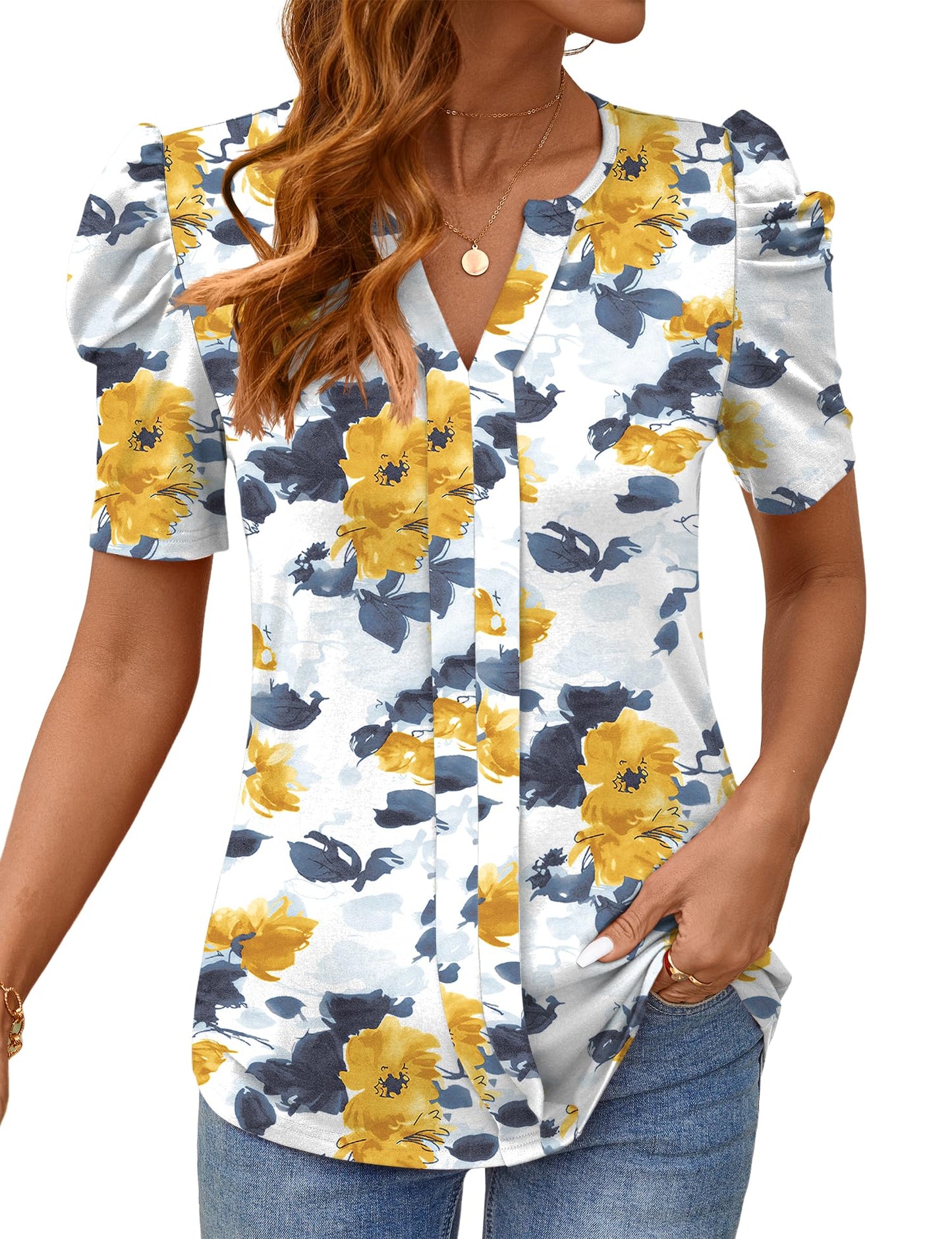 Rapbin Womens Summer Tops 2025 Puff Short Sleeve V Neck T Shirts Dressy Casual Spring Blouses for Women