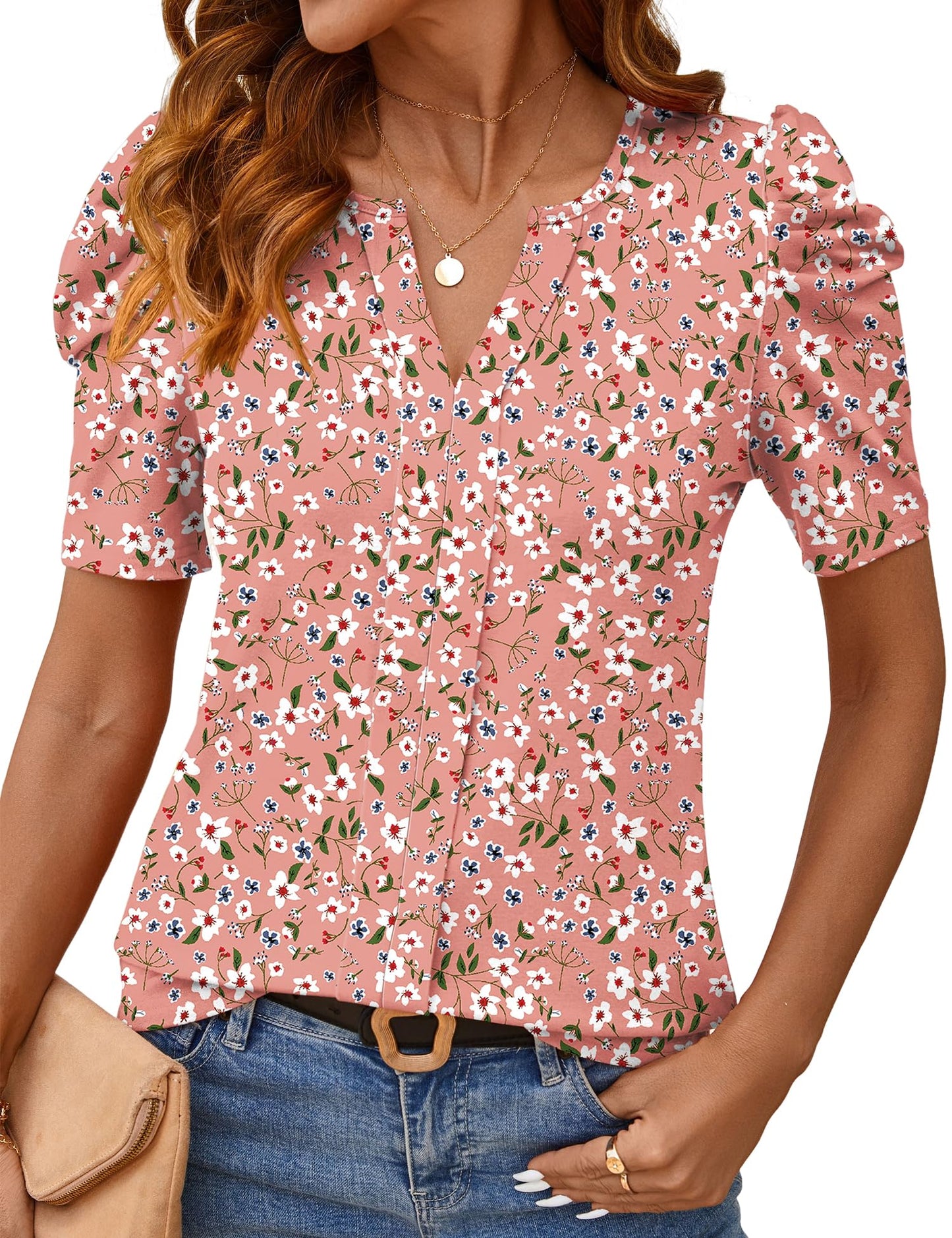 Rapbin Womens Summer Tops 2025 Puff Short Sleeve V Neck T Shirts Dressy Casual Spring Blouses for Women