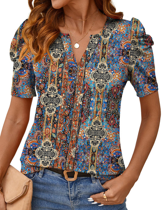 Rapbin Womens Summer Tops 2025 Puff Short Sleeve V Neck T Shirts Dressy Casual Spring Blouses for Women