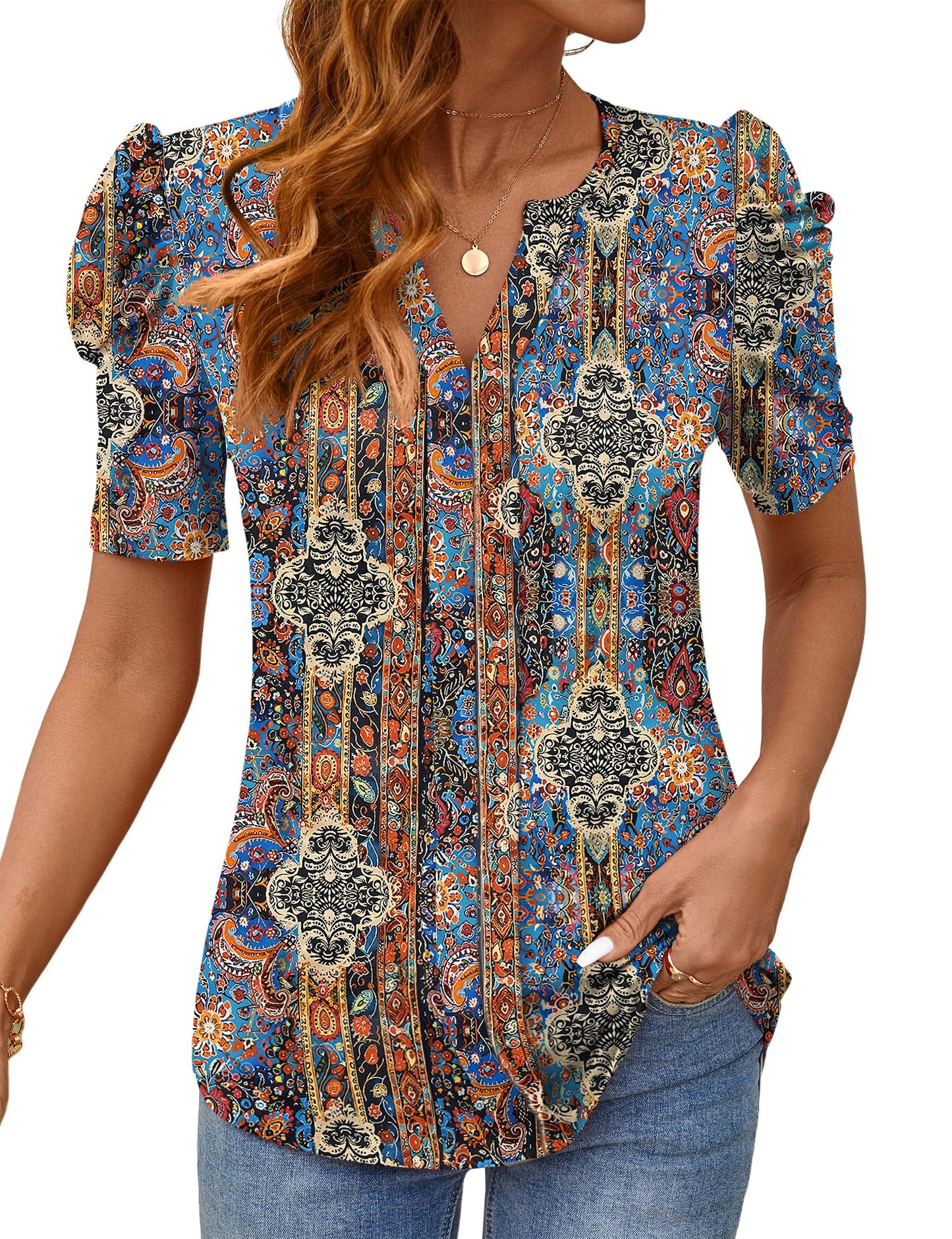 Rapbin Womens Summer Tops 2025 Puff Short Sleeve V Neck T Shirts Dressy Casual Spring Blouses for Women