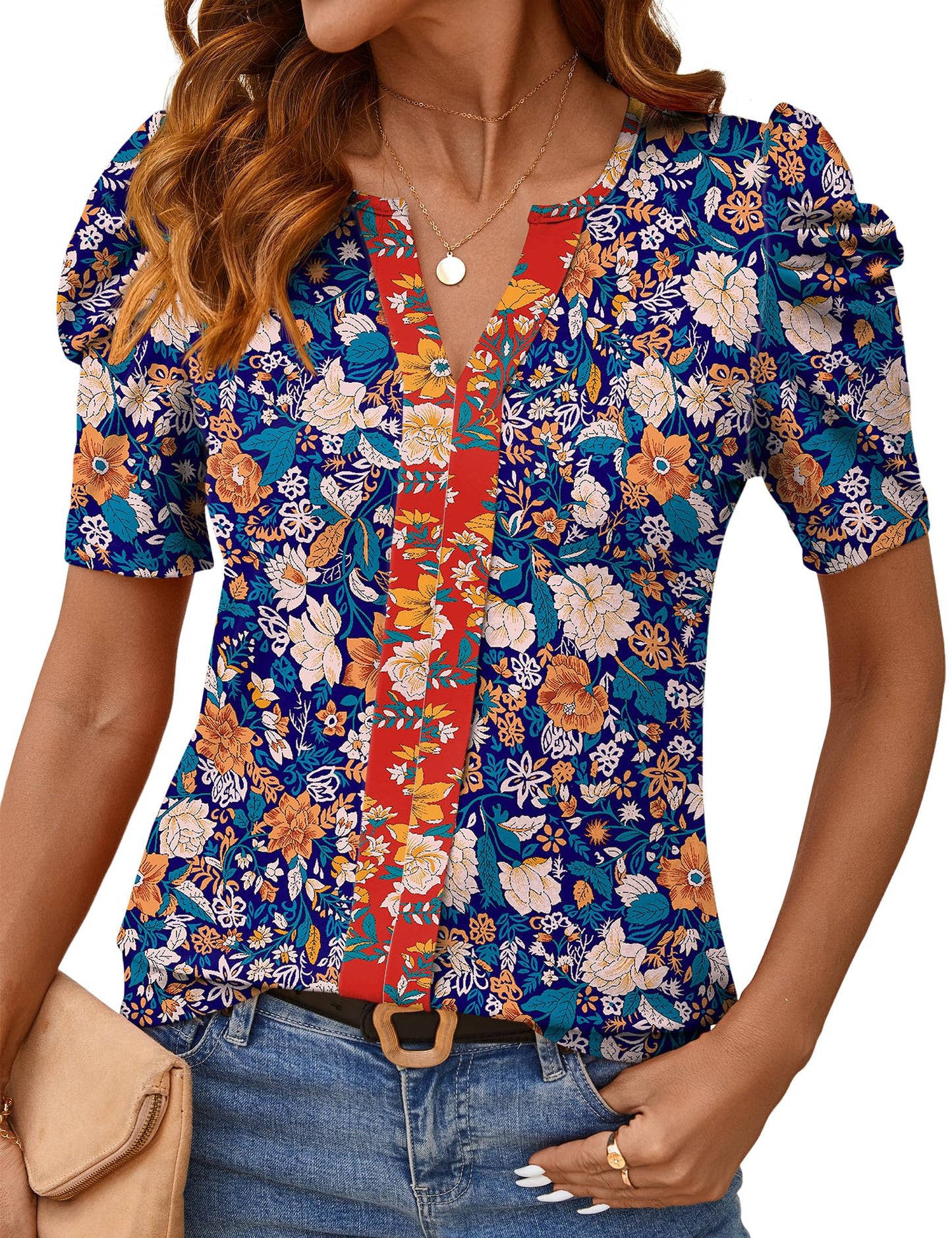 Rapbin Womens Summer Tops 2025 Puff Short Sleeve V Neck T Shirts Dressy Casual Spring Blouses for Women