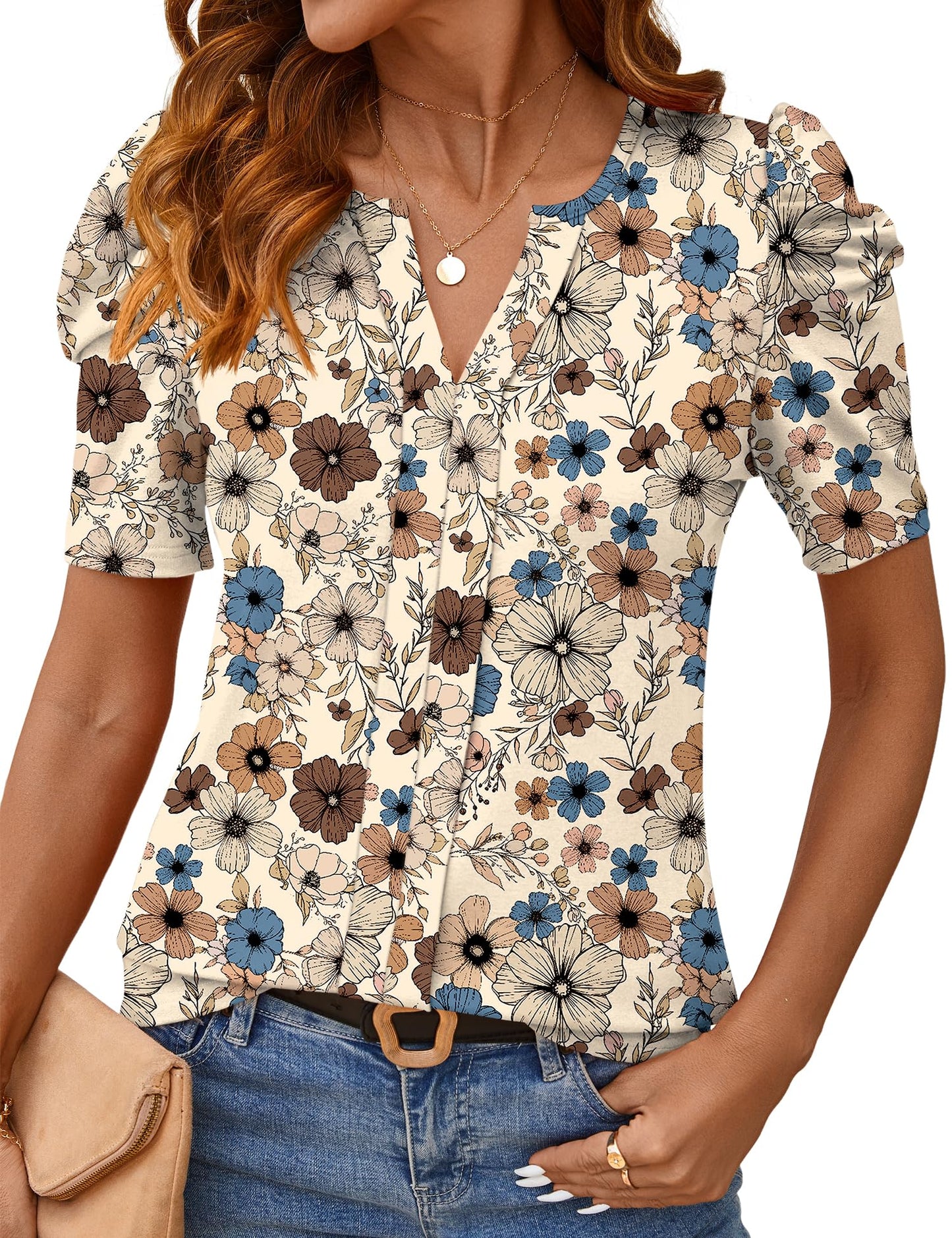 Rapbin Womens Summer Tops 2025 Puff Short Sleeve V Neck T Shirts Dressy Casual Spring Blouses for Women