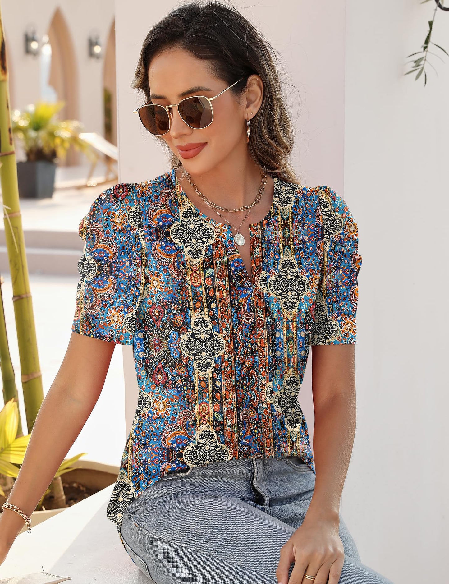 Rapbin Womens Summer Tops 2025 Puff Short Sleeve V Neck T Shirts Dressy Casual Spring Blouses for Women